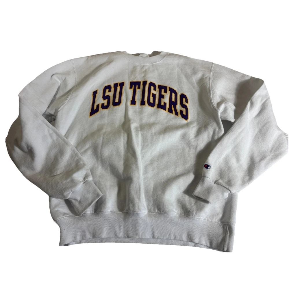 LSU Tigers Sweatshirt Unisex Large White Champion NCAA Football Sports Pullover